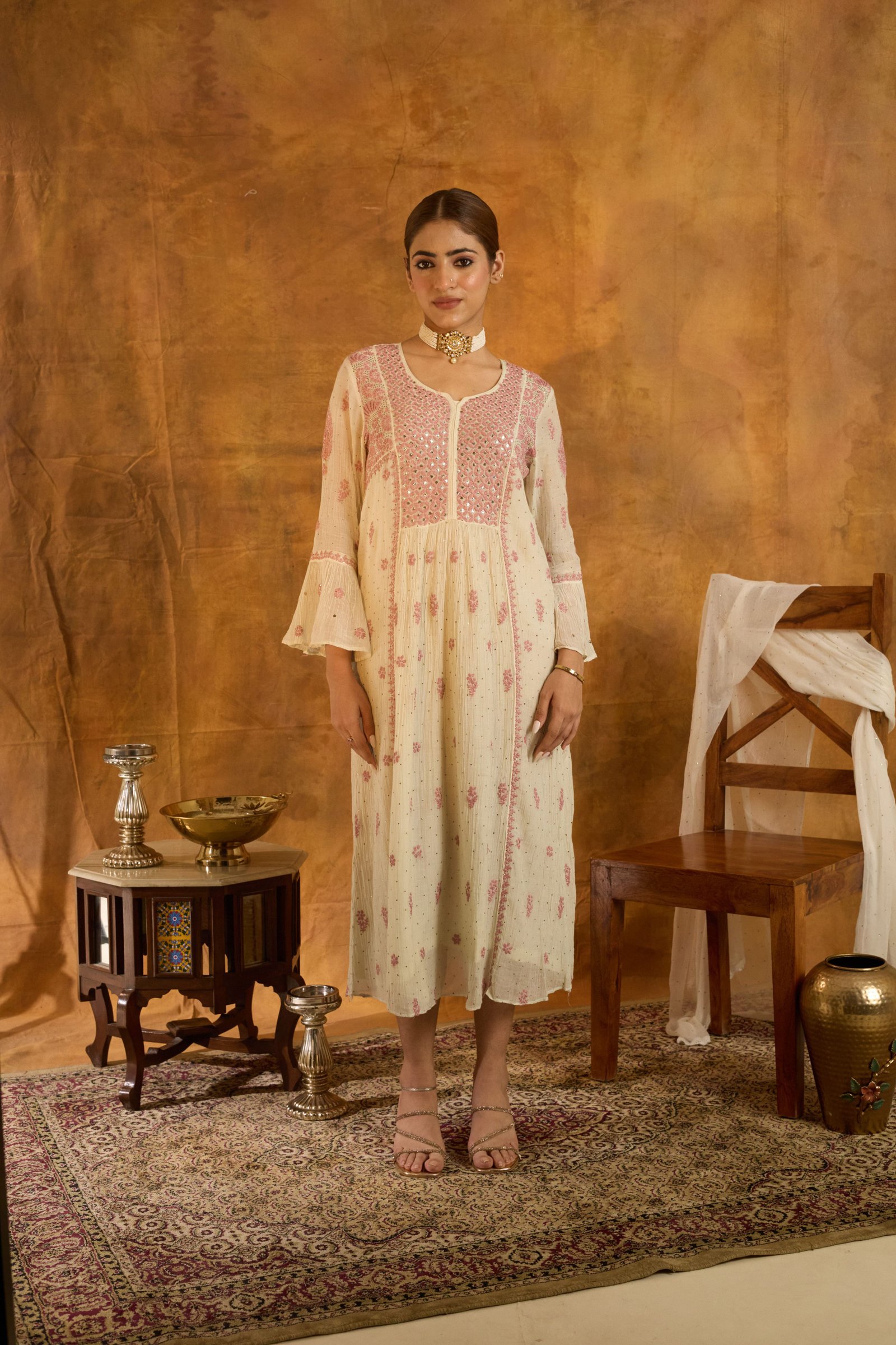 Inayat Ivory & Blush Bell-Sleeve Dress
