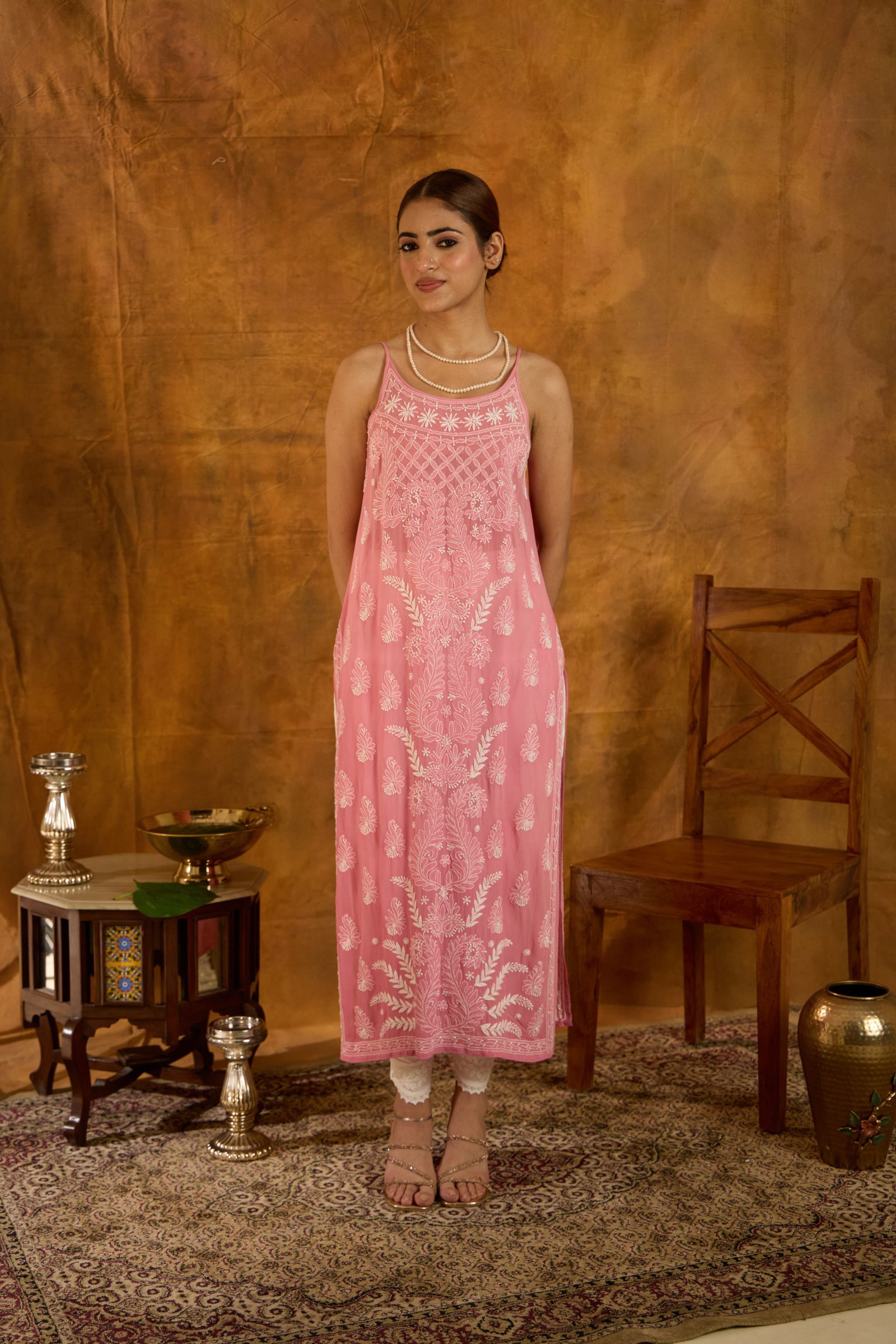 Gul-e-Laleh (Pink Strappy Sleeveless Chikankari Kurti) - Image 2