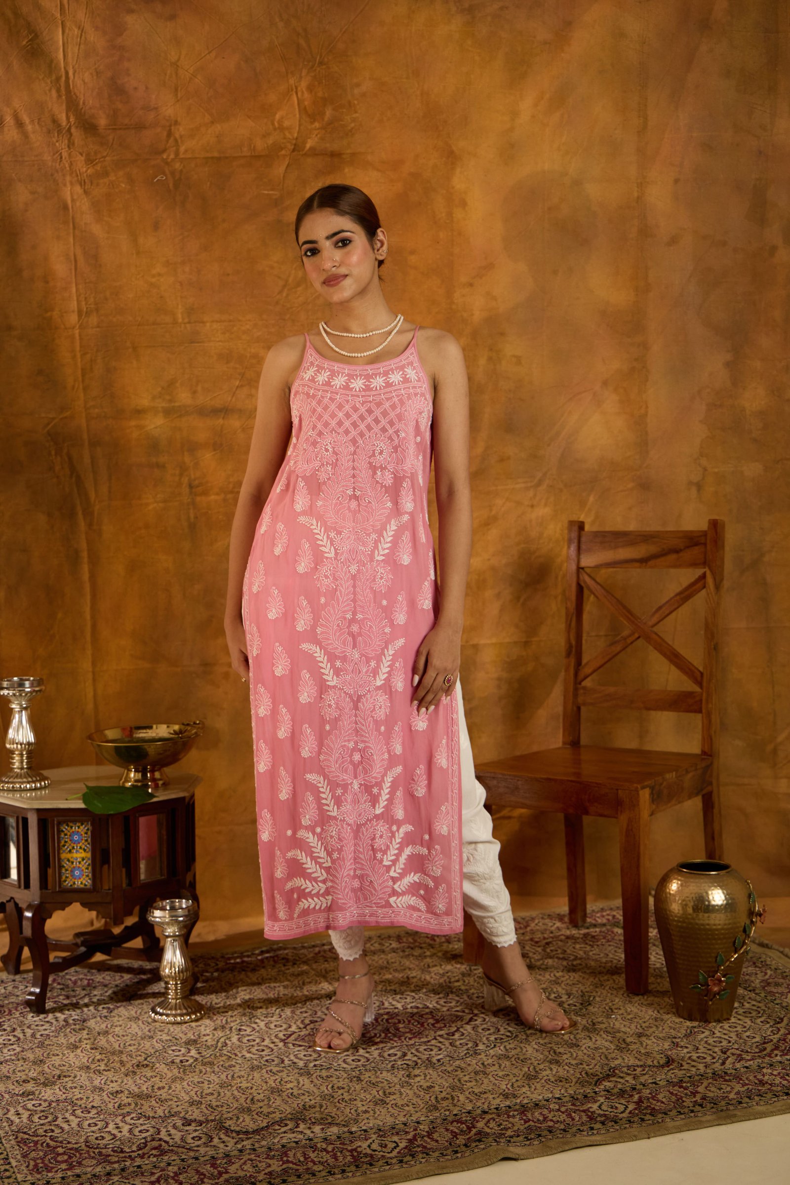 Gul-e-Laleh (Pink Strappy Sleeveless Chikankari Kurti)